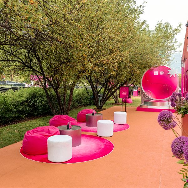 Lounge seating along the entry path