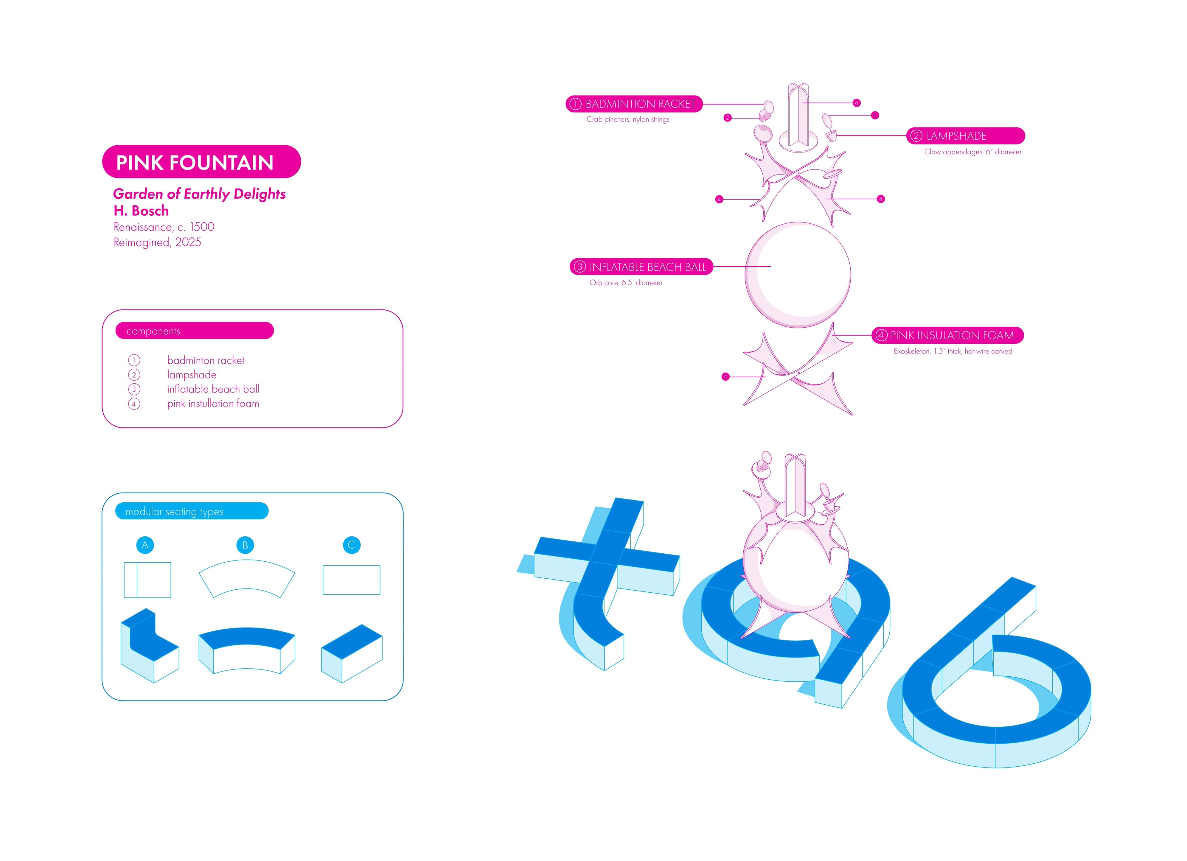 PINK FOUNTAIN — components, modular seating types, and exploded assembly