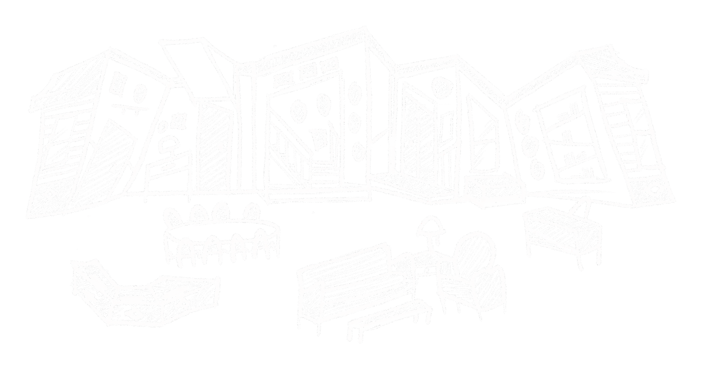 Conceptual sketch — slanted architecture and furniture layout